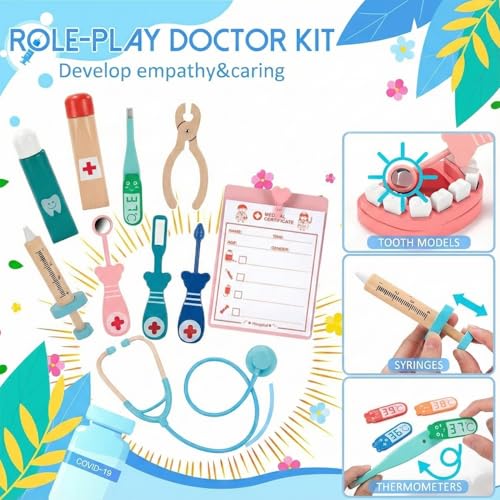 Image of WUDLY Wooden Doctor Set for Kids Gift, Dentist Pretend Play Toy with Working Stethoscope, Thermometer, Dental Model & Carry Bag, Screen-Free Medical kit for Boys & Girls