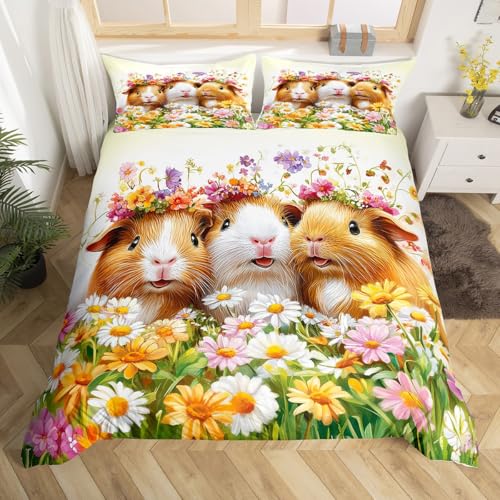 Homewish Guinea Pig Duvet Cover Single for Kids Bedroom Decor, Cute Guinea Pig Design Bedding Set for Girls, Chic Garden Floral Print Quilt Cover Lovely Pet Animal Themed Bed Sets, Reversible