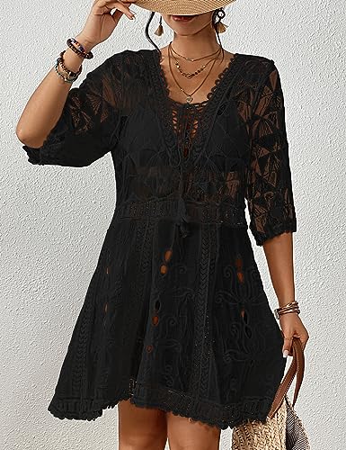 Bsubseach Women's Contrast Lace Bathing Cover Up V-Neck Coverups Hollow Out Beach Dress for Swimwear Drawstring Coverups4