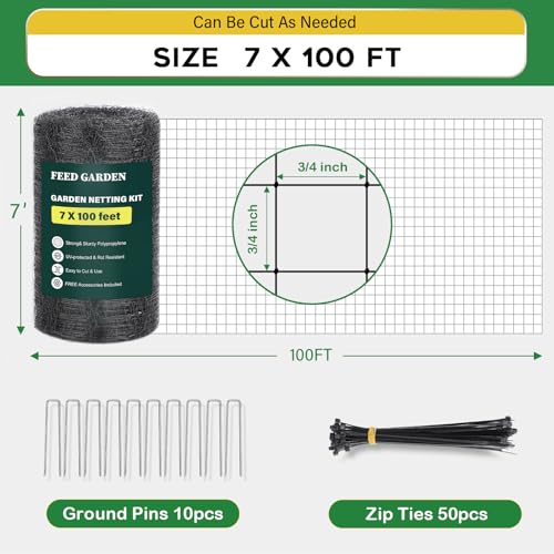 Image of FEED GARDEN Deer Fence Netting Garden Netting Bird Netting - 7x100ft UV-Protected Garden Fence for Plant with 3 /4 inch Fine Mesh - Includes 10 Stakes & 50 Zip Ties for Easy Installation