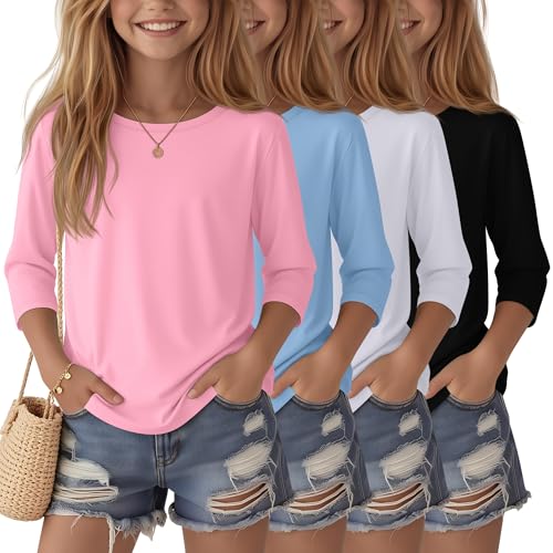 Image of 4 Pack Girls 3 /4 Sleeve T Shirts Kids Crewneck Elbow Sleeve Casual Tops Solid Basic Cute Teen Tees 5-14Y