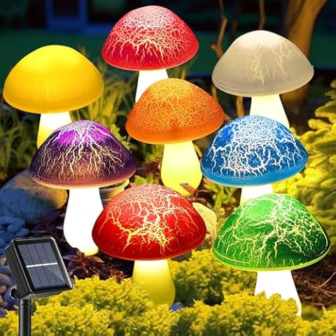 Viewpick Solar Garden Decor Lights 8 Crack Mushrooms Outdoor Decor Stake Lights, Waterproof Solar Pathway Lights Gardening Gifts for Garden Gnomes Backyard Flower Bed Christmas Decorations Cover