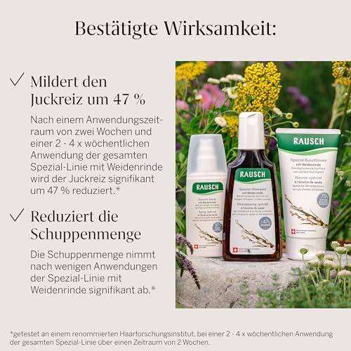RAUSCH Spezial-Shampoo mit Weidenrinde 200 ml – milde Reinigung bei fettigen Schuppen & juckender Kopfhaut – vegan - ohne Silikone, hergestellt in der Schweiz mit Weidenrinden- & Thymian-Extrakt