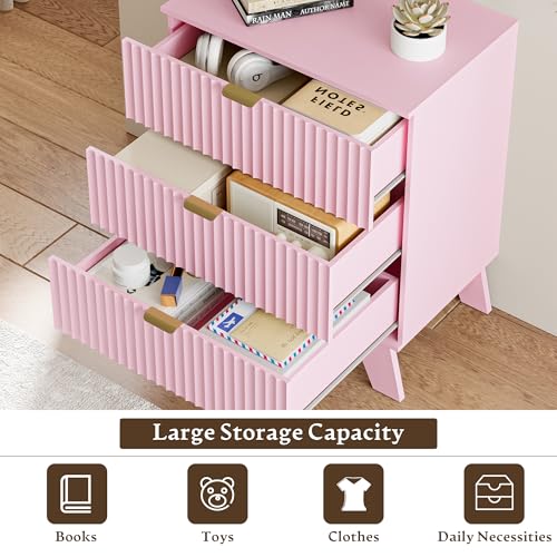 Image of HUANLEGO Fluted Nightstand with 3 Drawer for Bedroom, Pink | Mid Century Modern Beside Table with Metal Handle, Wooden End Table with 3 Drawers for Living Room, Closet, Entryway