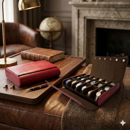 Image of essart 18-Slot Travel Watch Organizer - Elegant PU Leather Watch Roll for Collectors, Scratch-Proof & Portable Storage in Croco-Maroon Color