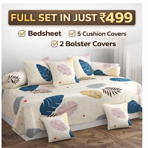 Image of Diwan Set 8 Pieces | Bedsheet 60x90inch + 5 Cushion Covers 16x16inch + 2 Bolster Covers 16x32inch | Soft Microfiber Fabric |