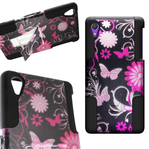 CoverON Kickstand Hard + Soft Dual Layer Hybrid Case for Sony Xperia Z2 - Pink Butterfly Design Hard Plastic + Black Soft Silicone