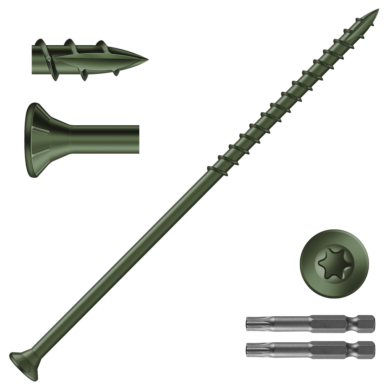 SG TZH #10 x 5 Deck Screws (410Pcs) 10lb. Exterior Wood Screws. Carbon Steel, Green, Flat Head, Rust Resistant epoxy Coated, with T25 Star Bit