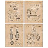 Vintage Bowling Patent Prints, 4 (8x10) Unframed Photos, Wall Art Decor Gift for Home Office Gears Garage Man Cave School College Student Teacher Coach Pins Lane Team League Bowl Championship Fans