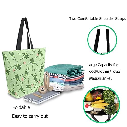 Naanle Canvas Tote Handle Bag, Funny Yoga Frog Green Floral Extra Large Shoulder Bag for Men Women Grocery Market Beach Travel Gym Shopping2