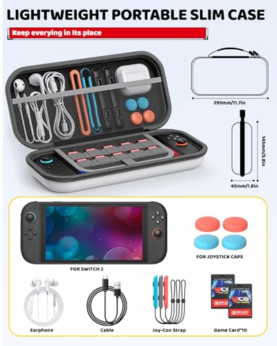 Image of Switch 2 Accessories Bundle for Nintendo Switch 2 2025(All in One Case Kit) | Portable Hard Shell Slim Case with Crystals Protective Cover kit, 2 HD Screen Protectors (7.9 Inch),Dust Plugs, 4 Thumb Grips