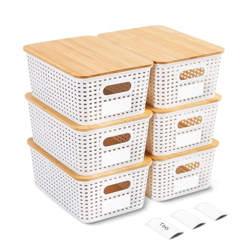 Mangata Set of 6 White Stackable Storage Baskets with Bamboo Lid, Small Decorative Plastic Boxes with Handle & Lable for Organizing, Ideal for Kitchen, Bathroom, Desktop & Shelves - Cosy Home Interiors Mangata Set of 6 White Stackable Storage Baskets with Bamboo Lid, Small Decorative Plastic Boxes with Handle & Lable for Organizing, Ideal for Kitchen, Bathroom, Desktop & Shelves