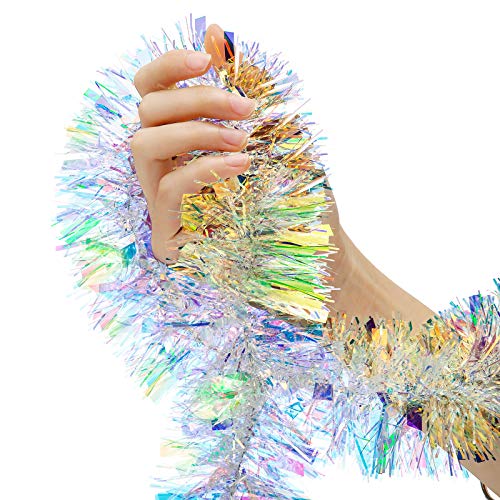 Willbond Christmas Tinsel Garland Iridescent White Metallic Twist Garland Xmas Tree Ornament Halloween Birthday Wedding New Year Indoor Outdoor Party Decorations (Exquisite Color,30 Feet) #TOP5