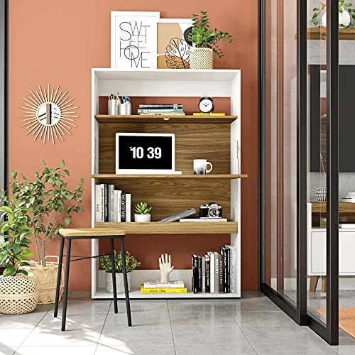 Caemmum Meuble Bar Secrétaire Blanc et Châtaignier