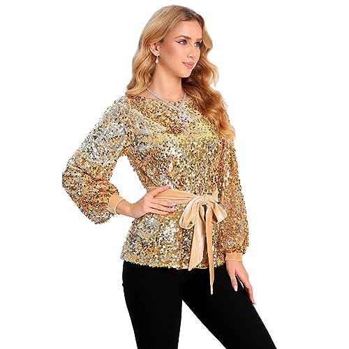 Women's Sequin Tops Long Sleeve with Belt Round Neck Glitter Casual Evening Party Pullover Sparkly Sweatshirt3