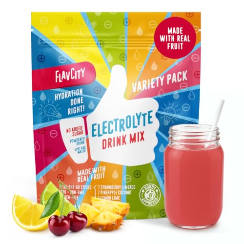 FlavCity Electrolytes Powder Packets - 28 Hydration Packets Variety Pack - No Added Sugar - Hydration Powder with Real Fruit & Unrefined Sea Salt - Keto & Gluten-Free (28 Stick Packs)