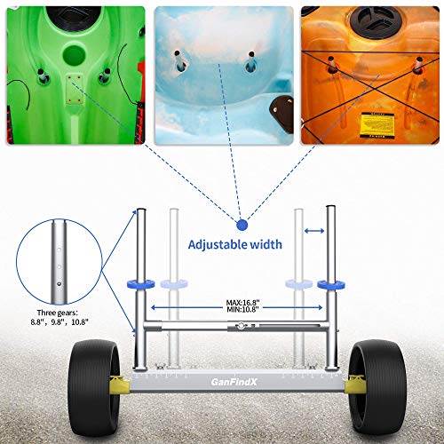 GanFindX Quick-Detachable Lightweight Aluminum Kayak Cart, Width and Height Adjustable Canoe Trolley with Widebody No-Flat Tires, Suitable for Kinds of Kayaks and Canoe with Plug Holes - Thumbnail 5
