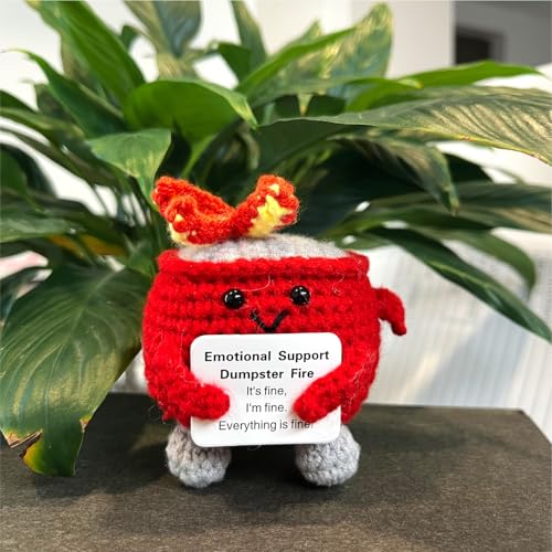 Image of Emotional Support Dumpster Fire - Positive Crochet Birthday Easter Basket Stuffers Essentials Gift for Women Men Girls Coworker Friend, Handmade Knitted Doll for Home Office Accessories Decor (Red)