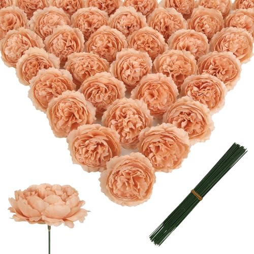 YIFYBY 50 Pcs Peach Rose Artificial Heads Flowers with Stems 3.3 Fake Silk Rose Heads Faux Flowers for Wedding Bridal Bouquet Floral DIY Centerpieces Arrangements Home Party Tables Decor (Peach)