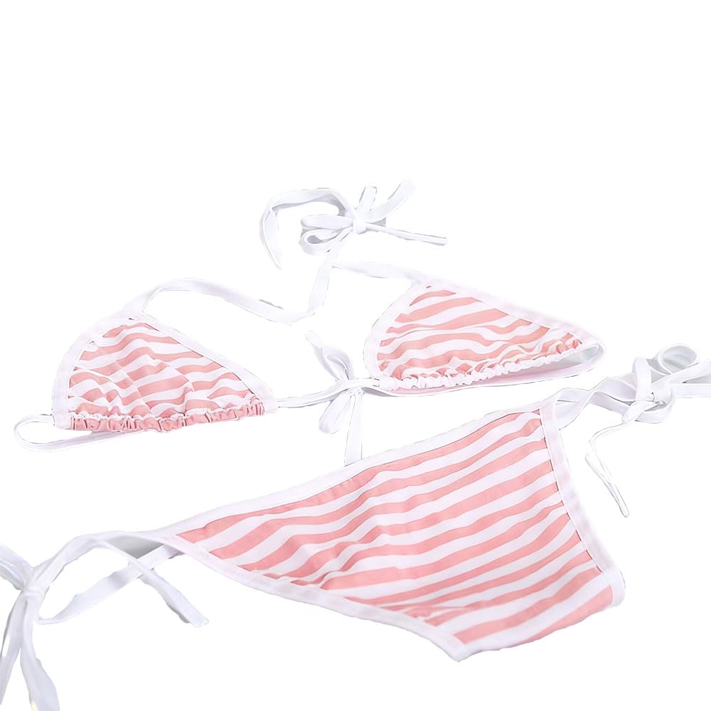 Japanese Women's Underwear Cute Striped Tie-Front Bikini Set Anime Character Cosplay Swimwear Pink