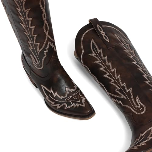 Image of mikarka Western Cowboy Boots for Women Cowgirl Knee High Boots Pointed Toe Chunky Heel Faux Leather & Suede Vintage Classic Tall Boots