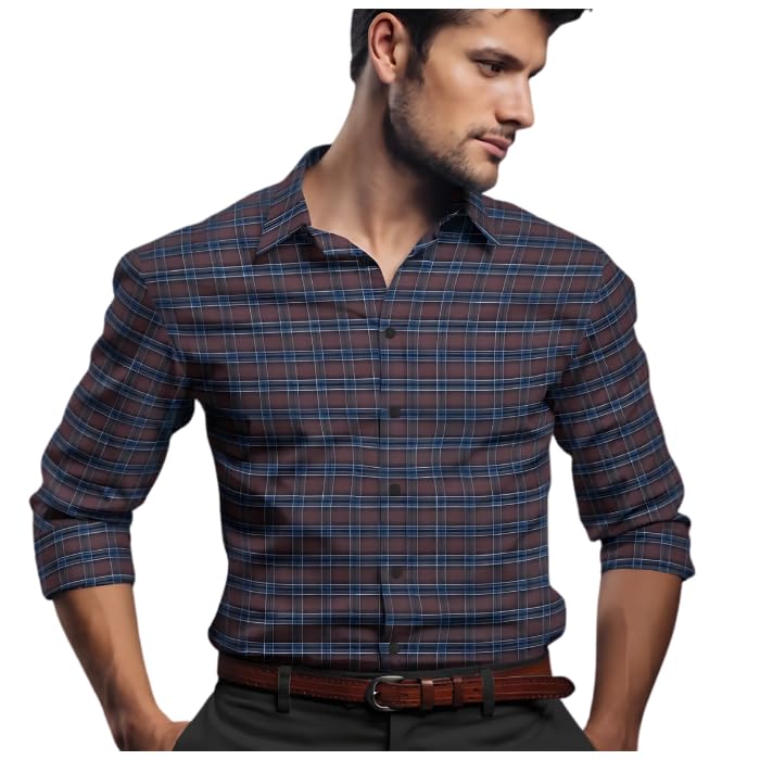 Cotton Unstitched Shirt Fabric for Men, Marron-Black Checked Pattern -1.60m-image-3