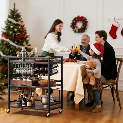 Image of Leteuke Bar Cart for Home, 3 Tier Rolling Serving Carts with Wheels | Drink Cart, Liquor Stand with Removable Tray, Wine Rack and Glass Holder for Kitchen, Outdoor, Dining Room-Black Brown