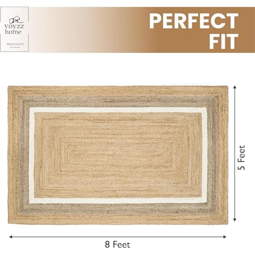 Image of voyzz home 5X8 Feet-Rectangular, Premium Natural Jute High Traffic Braided Area Rug, Stain Resistance, Handmade Rug for Entryways,Living Room,Dining Room,Bedroom,Farmhouse (Natural & Grey & Ivory)