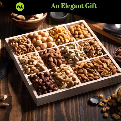 NUT CRAVINGS - Halloween Treats For Adults Mixed Nuts Gift Basket in Reusable Wooden Tray + Green Ribbon (12 Assortments) Holiday Xmas Christmas Food Arrangement, Healthy Snack Care Package - Image 5