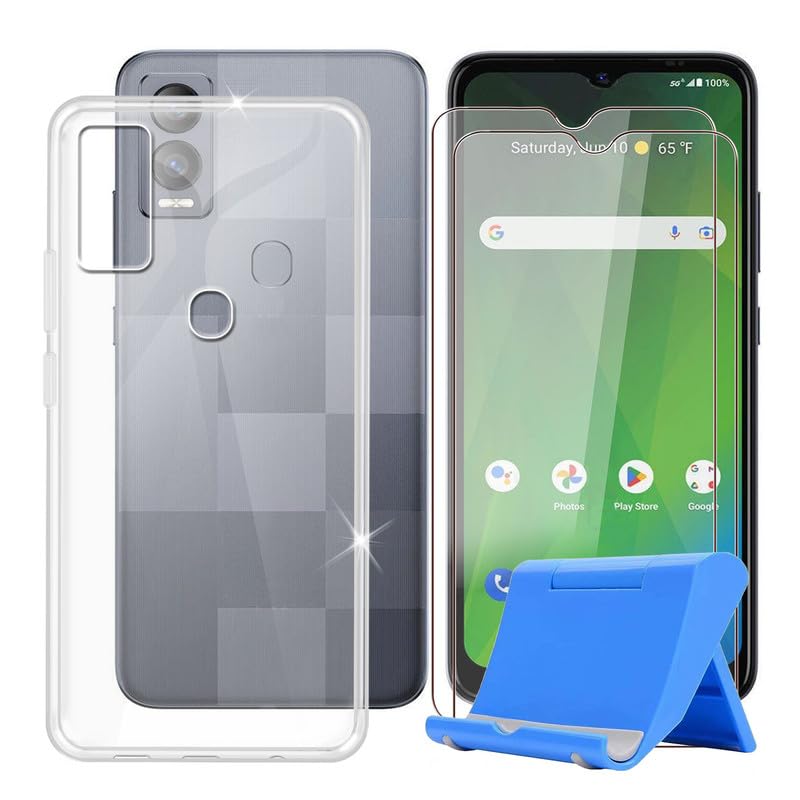 BUNALfor Cricket Magic 5G (6.60") Phone Case + Tempered Glass(2 Pack), Ultra Thin Silicone Cover Bumper Shockproof Protective Case + Screen Protector with Phone Holder - Clear