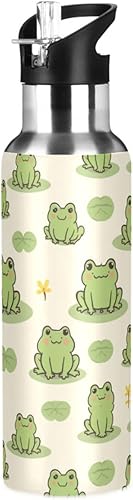 Kcldeci Botella de agua deportiva con diseño de rana linda de 20 onzas, tapa de pajita, a prueba de fugas, aislada al vacío, acero inoxidable,