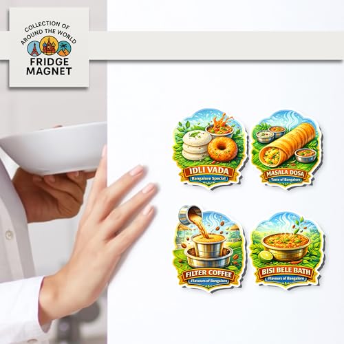 Image of Regalo Casila Bangalore Food Tourism Souvenir Wooden Fridge Magnet Set of 4 Idli Vada Masala Dosa Filter Coffee Bisi BeLe Bath Refrigerator Magnets