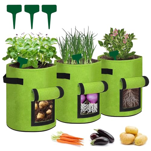 Sac de Plantation Non Tissé 7 Gallons - 3 Pièces avec Poignées pour Culture de Légumes, Pommes de Terre, Tomates, Fraises - Croissance de Plantes (Vert)