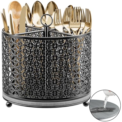 Porte-ustensiles rotatif à 360° – Organiseur de couverts à séchage rapide – 4 compartiments Grand porte-couverts avec poignée pour comptoir de cuisine, fête,...