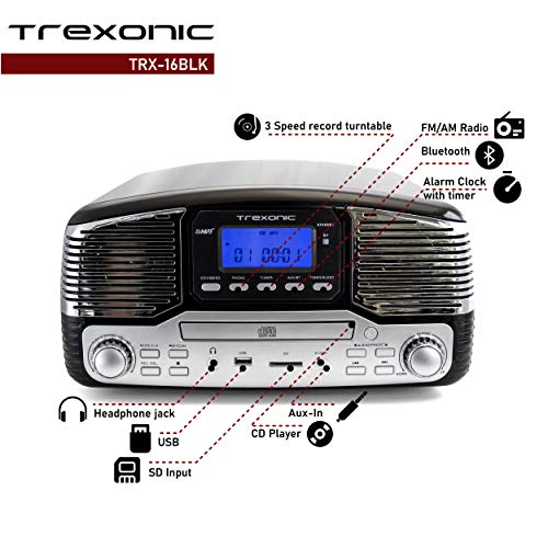 Trexonic Tourne-disque rétro avec Bluetooth, lecteur CD, tourne-disque 3 vitesses Noir - Les Beatles, Paul McCartney, John Lennon, RIngo Starr, George Harrison Trexonic Tourne-disque rétro avec Bluetooth, lecteur CD, tourne-disque 3 vitesses Noir – Image 3