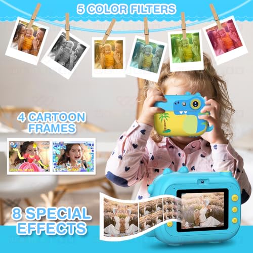 Image of Wembley 8MP Instant Print Digital Camera for Kids 3 4 5 6, Years Dino Design with Print Paper Rolls 4GB SD Card Shoulder Strap | Video Recorder Games Photo Filters Effects | Perfect for Birthday Gift