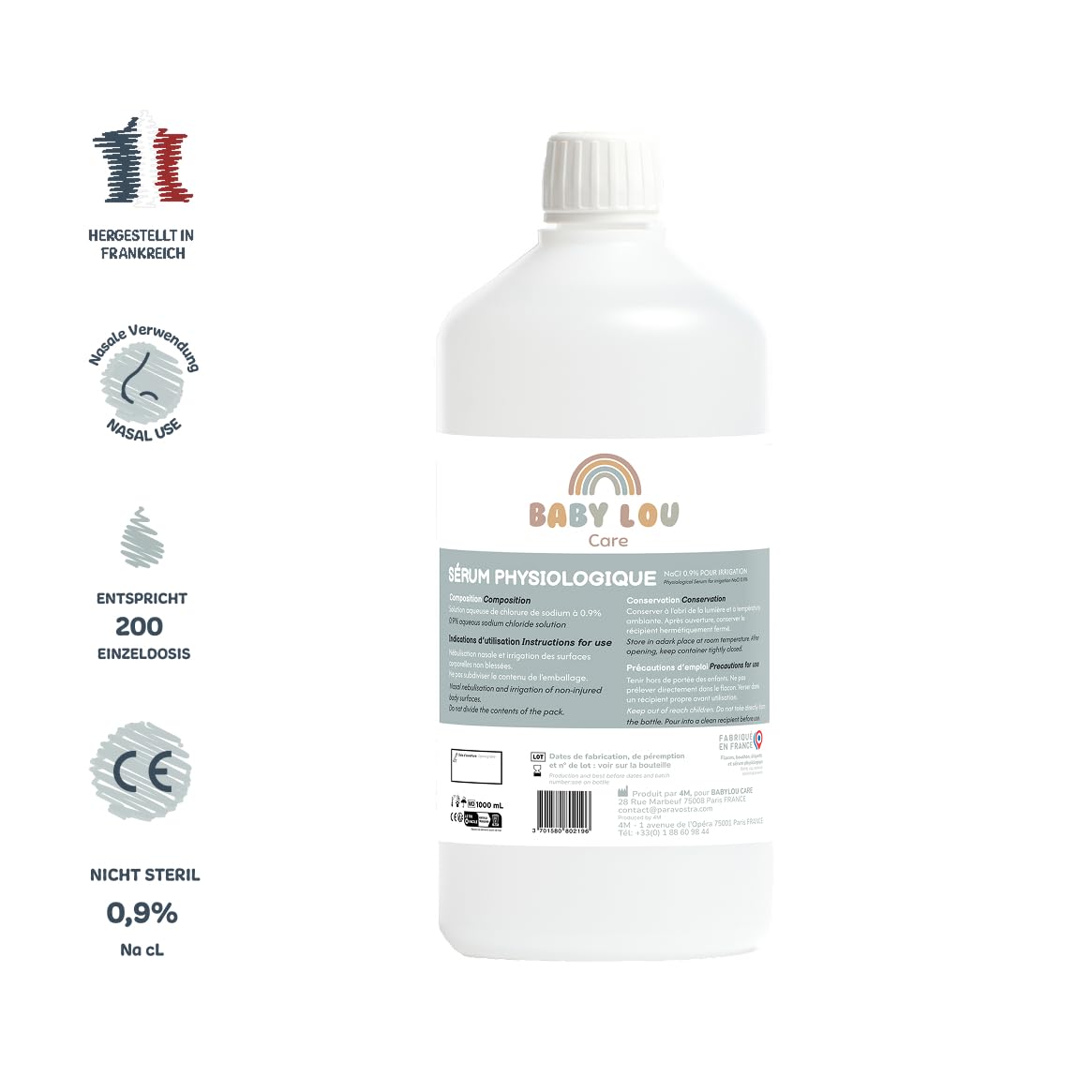 Physiologische Lösung 12 x 1 l Flasche | NaCl 0,9 % | Hergestellt in Frankreich | Reinigung der Nasenhöhlen | Hygiene der Nase | Für die externe Bewässerung