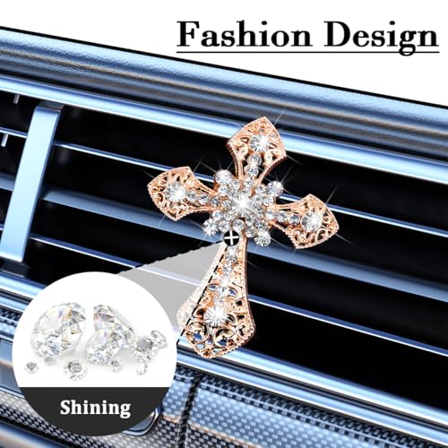 Image of Bling Cross Car Air Vent Clip, Crystal Rhinestone Sparkling Vehicle Air Conditioner Outlet Clamp Charm, Dazzling Diamond Automotive Vent Decoration Clip, Universal Fit (Golden)