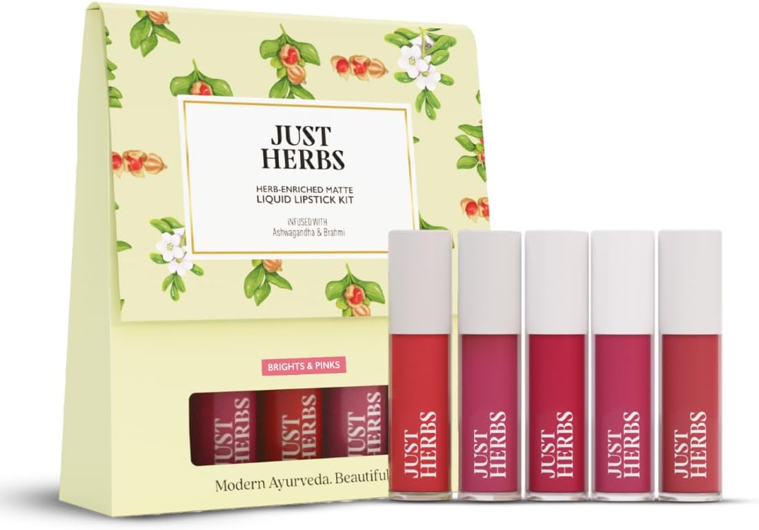 Just Herbs Herb Enriched Matte Liquid Lipstick | Set of 5 | Liquid Lipstick for Women | Brights & Pinks Shade | Hydrating & Lightweight | Ashwagandha & Brahmi - 1ml x 5u