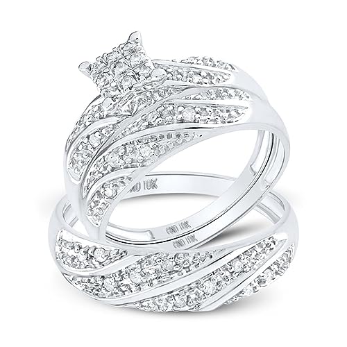 Jewels By Lux 10K White Gold His Hers Round Diamond Square Matching Wedding Set 1/3ctw, Womens Size 5-9, Mens Size 8-12