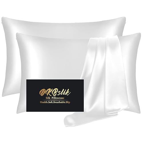 Silk Pillow Cases 2 Pack, Mulberry Silk Pillowcases Standard Set of 2, Health, Smooth, Anti Acne, Beauty Sleep, Both Sides Natural Silk Satin Pillow Cases for Women 2 Pack with Zipper for Gift,White - White-2pcs - Standard - 20×26 Inch