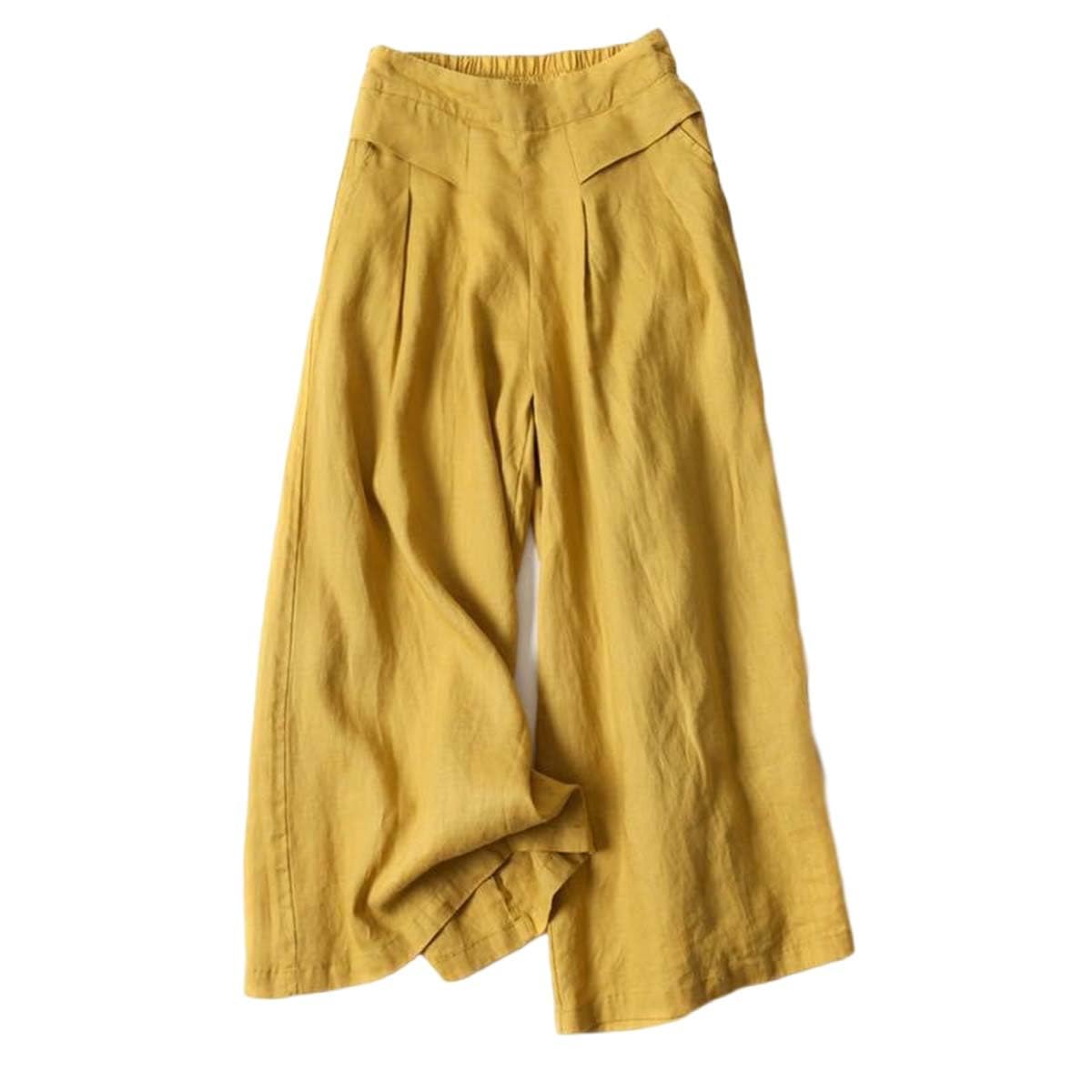 Women s Culottes Linen Blend Wide Leg Pants Elastic Waist Casual Palazzo Trousers Solid Casual Loose Nine-Minute Pants