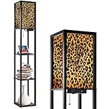 Modern Leopard Animal Print Standing Floor Lamp with Shelves Floor Lamp Tall Lamp Brown Leopard African Textile Flaxen Fabric Shade Corner Lamp for Living Room Bedroom Wildness Aesthetic Decor