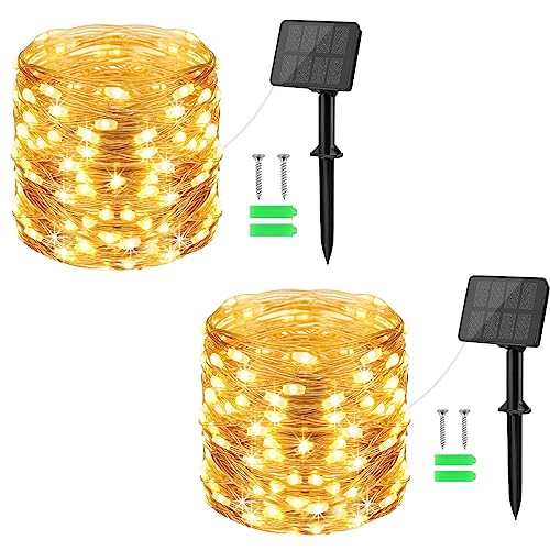 Solar Lichterkette Außen,Cshare 2x10M 100 LED Lichterkette Aussen,8 Modi Kupferdraht Solarlichterkette IP65 Wetterfest lichterkette Deko für Garten,Bäume,Balkon,Terrasse,Tor,Hof,Weihnachten(Warmweiß)