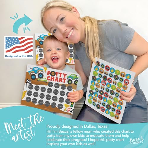 Image of Hadley Designs Potty Training Chart for Toddlers Boys -10 Sticker Potty Chart for Toddlers Boys, 8.5x11 inch Potty Training Sticker Charts for Toilet Success, Monster Truck Toddler Reward Chart for Kids