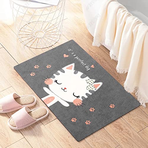Image of wolpin Anti-Slip Bath Mat (40 x 60 cm) Quick Water Absorbent Door Mat Bathmat for Home, Kitchen, Haze Blue Hall Entryway, Cat Grey