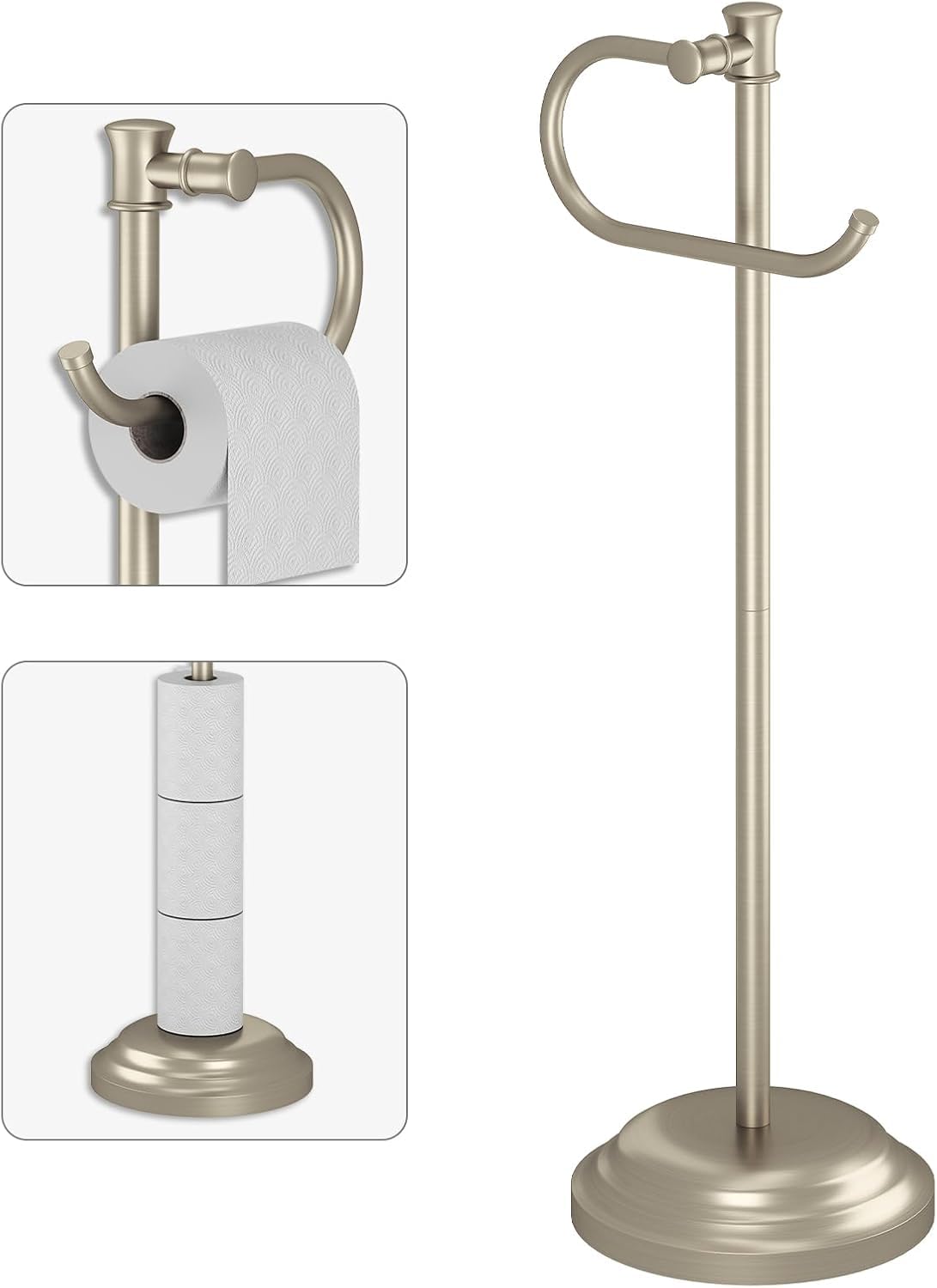 Photo 1 of BESy Toilet Paper Holder Stand SUS 304 Free Standing Bathroom Tissue Holder with Storage Hardware Accessories Rack Hand Towel Bar Rustproof Lavatory Tissue Roll Holder Floor Modern Brushed Nickel