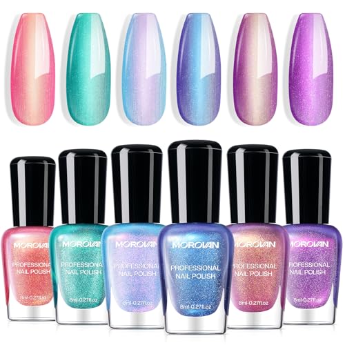 Morovan Ombre Nail Polish Set: Spring Summer Holographic Pearl Fingernail Polish Charm Pink Blue Purple Nail Lacquer Quick Air Dry Iridescent Glitter Toenail Polish Kit Gift Home DIY for Women Girls