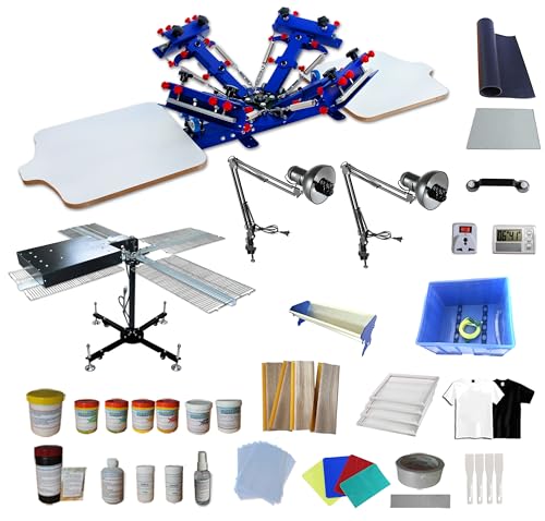 TECHTONGDA 4 Color Screen Printing Kit Silk Screen Printing Machine Benchtop Screen Printing Press 4 Color 2 Station with Flash Dryer UV Exposure Unit Squeegee Frame