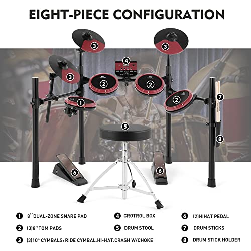 MUSTAR Electronic Drum Set, Electric Drum Sets for Beginners with 8\" Mesh Drum Pads, 10\" Cymbals, Kick Pedal, Drum Stool, Drum Sticks, USB MIDI Connectivity, 180 Sounds & 15 Kits (4 Pads, 3 Cymbals) - Thumbnail 6